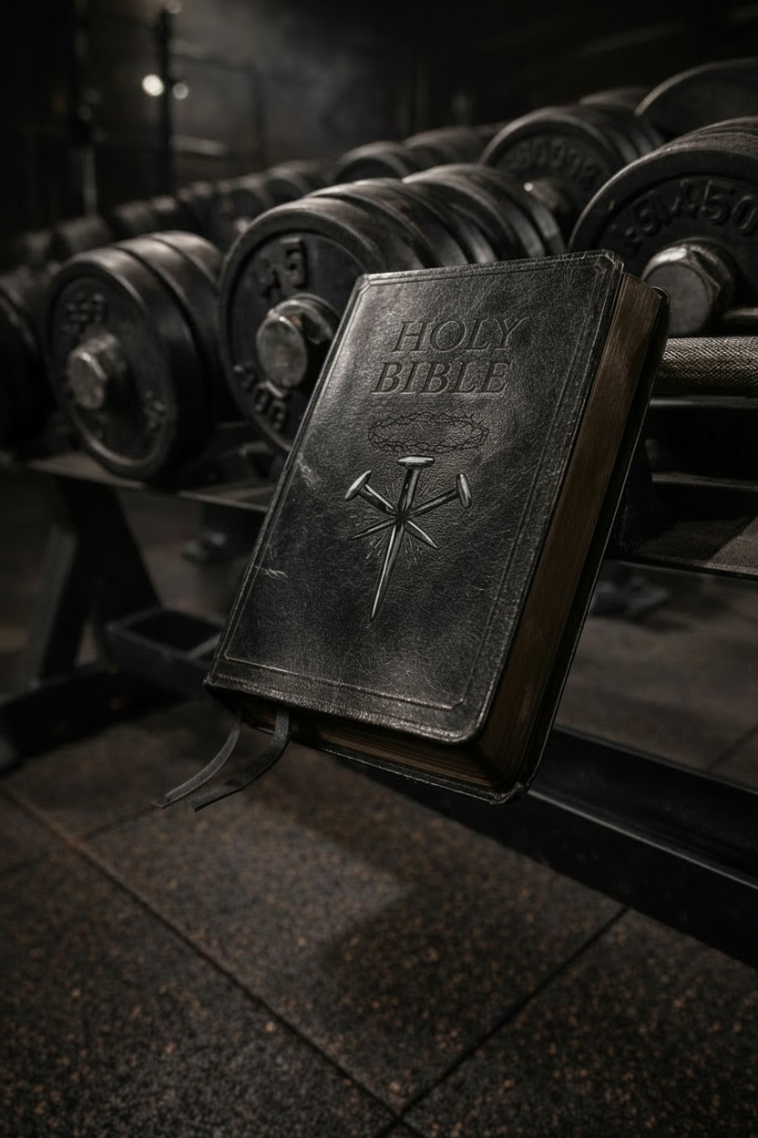 Bible on a weight bench in a gym setting